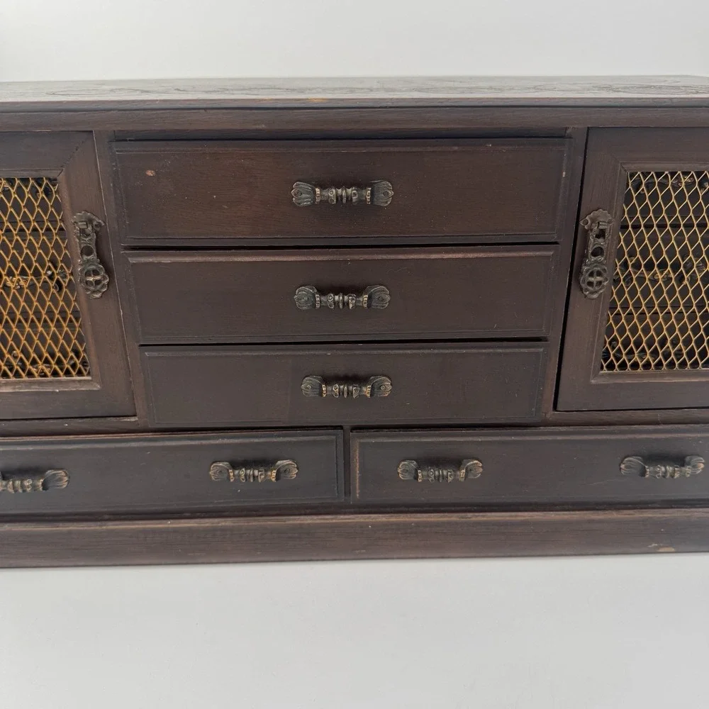 Vintage Japanese Wood‎ Jewelry Box Chest 9 Drawer MCM Teal Velvet Lined Japan